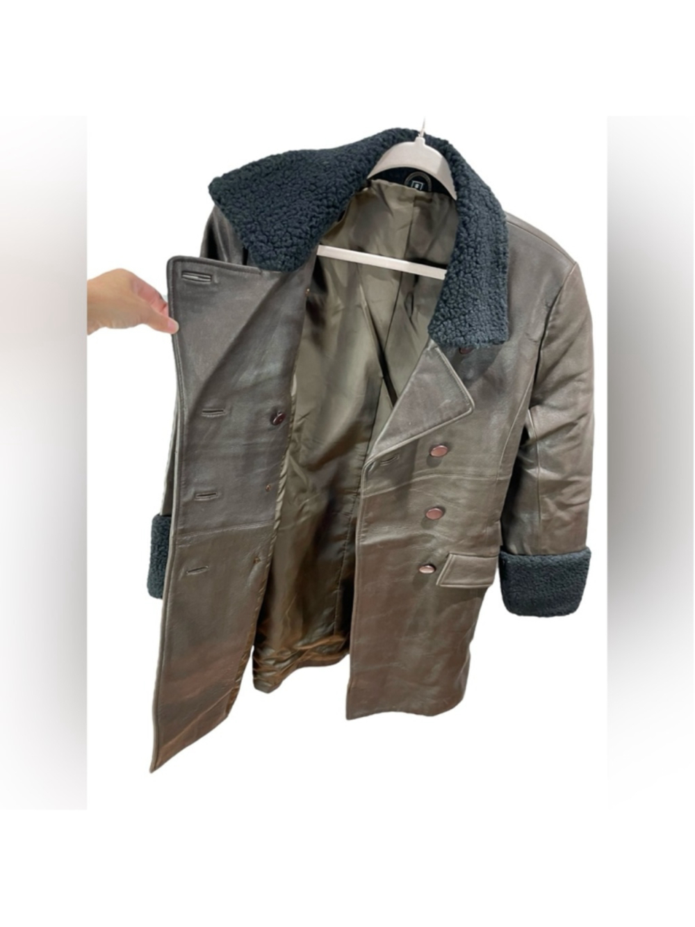 90s Vintage Toyko Fur Dark Brown Genuine Leather and Shearling Trim Peacoat S - Picture 7 of 10